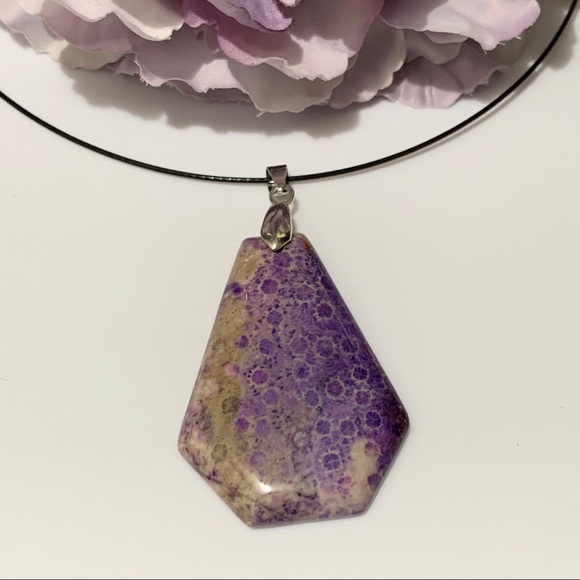 Purple Chrysanthemum Coral Fossil Shield Pendant Necklace – One of a Kind - Picture 5 of 10